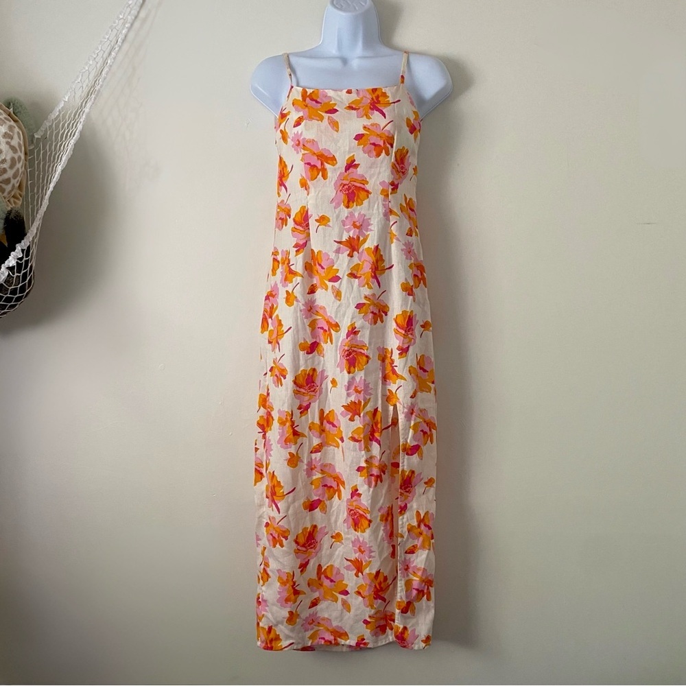 ASOS DESIGN Floral Summer Midi-Dress Backless Spaghetti Strap Pink & Orange Slit - Picture 2 of 12
